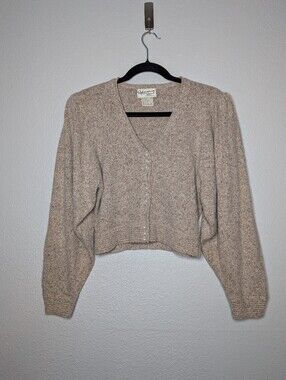 Reference Point Vintage Tan Beige Silk Blend Crop Faux Pearl Cardigan Sweater M
